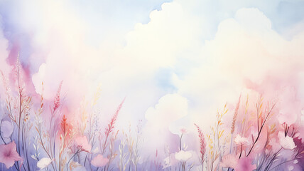 Multicolored wildflowers against the sky, greeting card in watercolor style