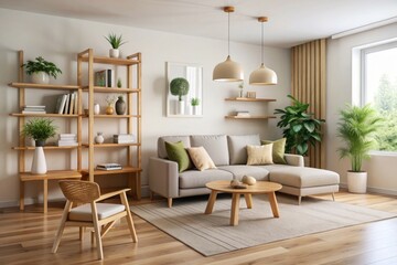 Aesthetic minimal home, living room interior design. Hanging lamps, wooden stand, stool