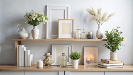 Decorated shelf on white wall. Aesthetic luxury minimalist home interior design decoration. Elegant Scandinavian, hygge style interior.