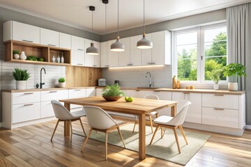 Modern bright kitchen interior with white furniture and wooden dining table