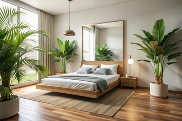 Modern interior design concept. Minimal comfortable cozy bedroom. Mirror, tropical palm plant, wooden bed, white bed linen, wooden floor
