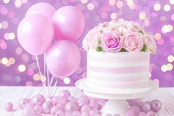 A white cake adorned with delicate pink flowers and colorful balloons, creating a whimsical and festive centerpiece.