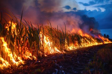 A field of dry grass is on fire. The fire is spreading quickly and is very close to the water