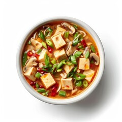 A bowl of hot and sour soup filled with tofu and mushrooms