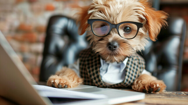 A cute puppy businessman works on a laptop