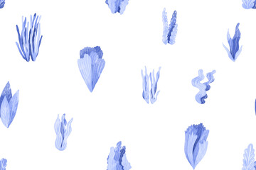 Seamless pattern with blue algae. Hand drawn watercolor illustration of the underwater world on an isolated background. Seaweed and corals. Ideal for print and design. Background