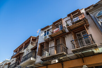 Old Town House, Building With Wooden Balconies. Rethymnon City, Crete, Greece. View From The Bottom