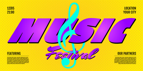 Music live festival show horizontal banner. Invitation flyer cover design template. Treble clef on yellow background. Musical concert advertising print. Eps