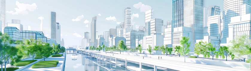 Obraz premium Urban Design and Planning Firm Floor: Displaying city models, urban planning software stations, community engagement spaces, and designers creating sustainable urban environments