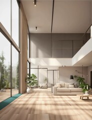 Fototapeta premium in a modern style, showcasing a modern design, only carpet and wood floor, and ceiling lamp. There should only be a coffee table, only one plant. A big room with a diagonal perspective
