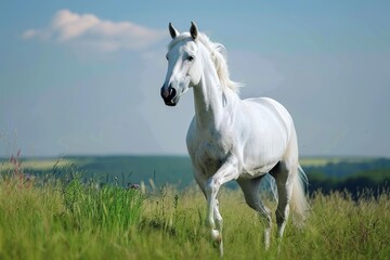 Obraz premium White horse run gallop on green field