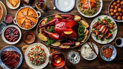 Abundant table of various Chinese dishes including Peking Duck