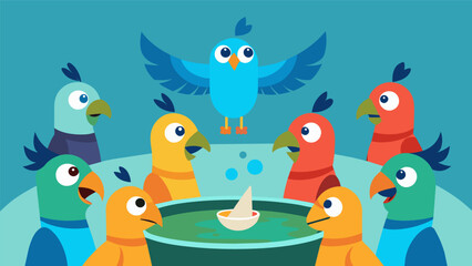 A group of propaganda parrots gathered around a water bowl discussing tactics for how to spread their agenda more effectively..