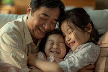 Obraz premium people and family concept - happy smiling girl with mother hugging on sofa at home. Beautiful simple AI generated image in 4K, unique.