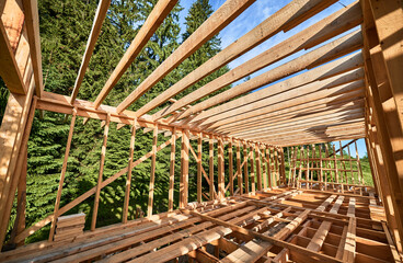 Residential wooden frame building in progress near a forest. Start of new construction of...