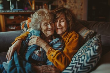 Obraz premium people and family concept - happy smiling girl with mother hugging on sofa at home. Beautiful simple AI generated image in 4K, unique.