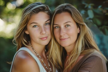 Obraz premium people and family concept - happy smiling girl with mother hugging on sofa at home. Beautiful simple AI generated image in 4K, unique.