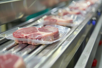 Packed steak meat on a conveyor belt at meat factory