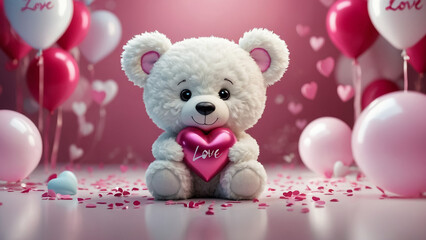 Lovely white teddy bear with beautiful pink roses on pink background
