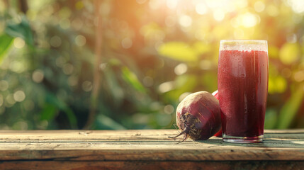 Glass of red vitamin juice next to a beet on a wooden surface and a background of plants - Powered by Adobe