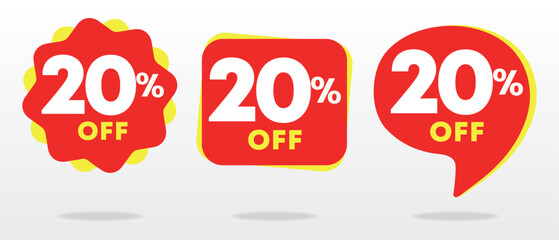 20% off. Discount price, value. Special offer tag, sticker. Advertising red, yellow, business. Campaign shop, sales, retail, store. Set, vector, icon