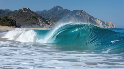 A large wave crashes onto the sandy beach