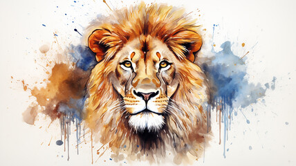 The African lion is the proud king of beasts, a savanna wild animal with a thick red mane splashed with bright watercolor paints