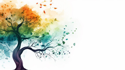 Multicolored rainbow tree, flying butterflies with watercolor paint