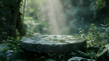 Flat stone platform in the magical forest. Stone podium in outdoor tropical garden, blurred forest, natural background of green leaf plants with sunlight. Vector 3D illustration.