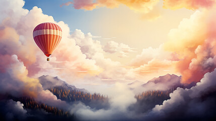A balloon is flying about the sky among the clouds, a background postcard in watercolor style
