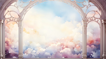 Watercolor celestial landscape through an arch in pastel colors, background postcard with panoramic view