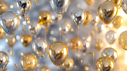 Gold and silver balloons floating in the air.