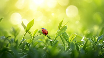 Ladybug crawling on green grass, morning plant background close-up