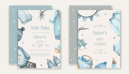 Cute baby shower watercolor invitation card for baby and kids new born celebration with baby clothes.