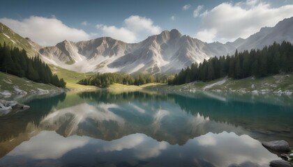 Fototapeta na wymiar A mountain landscape with a tranquil alpine lake r upscaled 5