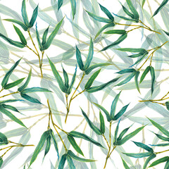 Seamless pattern with green bamboo branches. Hand drawn illustration of green leaves on white isolated background. Design for cards, wrapping paper, wallpaper, textile, fabric, print, cover, banner