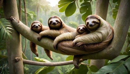 A family of sloths lounging in the treetops upscaled 4