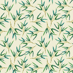 Seamless watercolor pattern on a colored background with green bamboo branches. Hand drawn illustration of ornament. Can be used in print design, for cards, wrapping paper, wallpaper, fabrics, cover