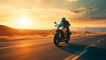Man riding a motorcycle at sunset