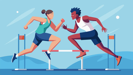 Despite the fierce competition there is a sense of camaraderie a the elite hurdlers as they push each other to be their best.. Vector illustration