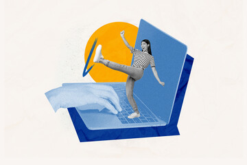 Composite artwork collage of blue color silhouette modern laptop hand type write young lady...