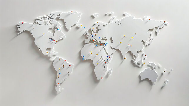 Fototapeta A white world map with pins on it.