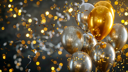 Gold and silver balloons with confetti.
