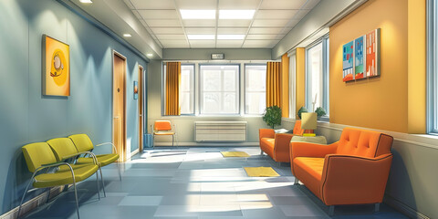 Digital Mental Health Support Center Floor: Displaying virtual therapy rooms, mental health app development areas, online support group coordination spaces, and psychologists providing remote