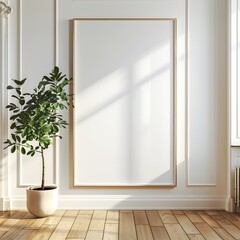 An empty frame mockup in a white room decoration with a plant.