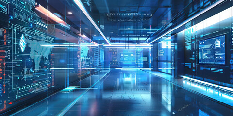 Blockchain Technology Research Institute Floor: Featuring blockchain development labs, cryptocurrency innovation hubs, decentralized application design areas, and researchers exploring blockchain
