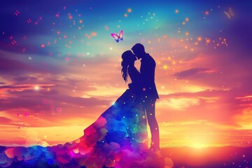 A silhouette of a couple engaged in a loving kiss against the backdrop of a colorful sunset