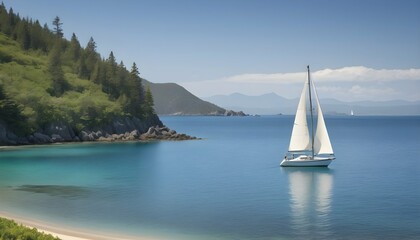 A tranquil bay with a lone sailboat anchored in th