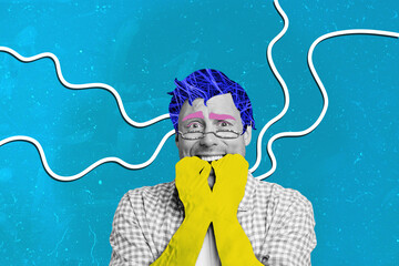 Artwork composite collage of blue color doodle line draw black white silhouette style young scared...
