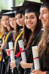 Young German college graduates holding their diplomas with graduation cap while standing in a row and smiling